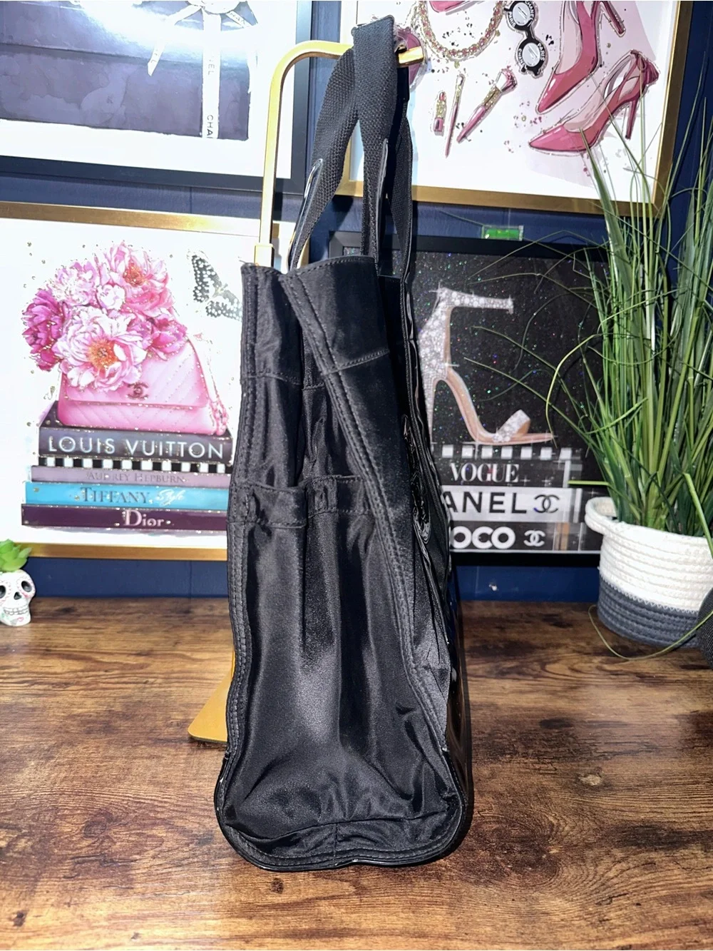 Tory Burch Ella Black Nylon Patent Trim Tote